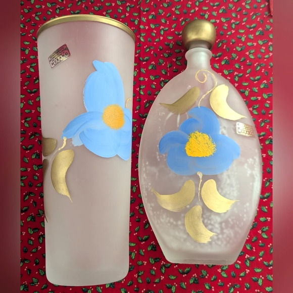 Murano Glass Vase Decanter Set- Handpainted- Italy- Frosted Glass- Vintage- Tall - Picture 1 of 8